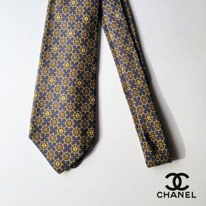 CHANEL Men's Vintage Tie 100% Silk Made in Italy Blue Ship Wheel CCs Authentic